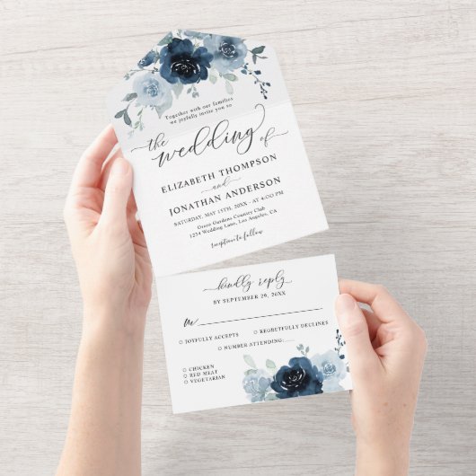 Stusty Blue Navy Slate Floral Wedding Details RSVP All In One Uitnodiging (Afscheurbaar)