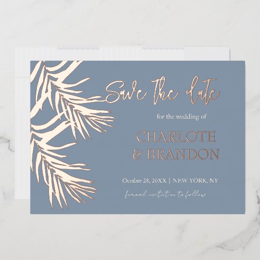 Stusty Blue Palm Wedden Save the Date Folie Uitnodiging (Envelop)