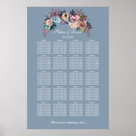 Stusty Blue Pink Floral Seating Chart 160 gasten Poster