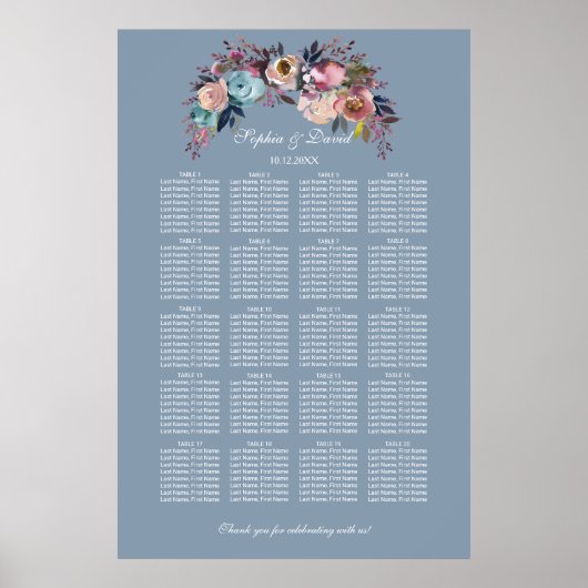 Stusty Blue Pink Floral Seating Chart 160 gasten Poster (Voorkant)