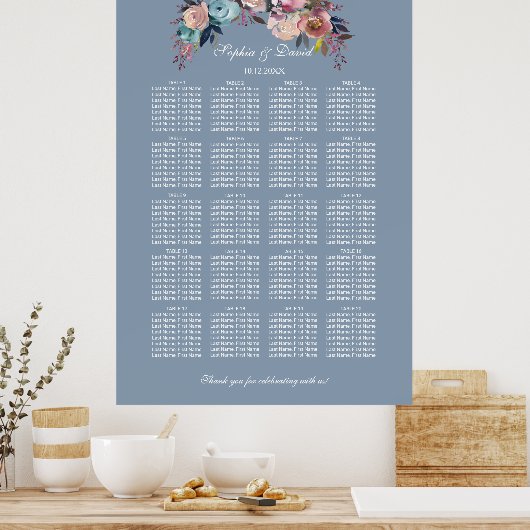 Stusty Blue Pink Floral Seating Chart 160 gasten Poster (Keuken)