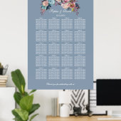 Stusty Blue Pink Floral Seating Chart 160 gasten Poster (Thuiskantoor)