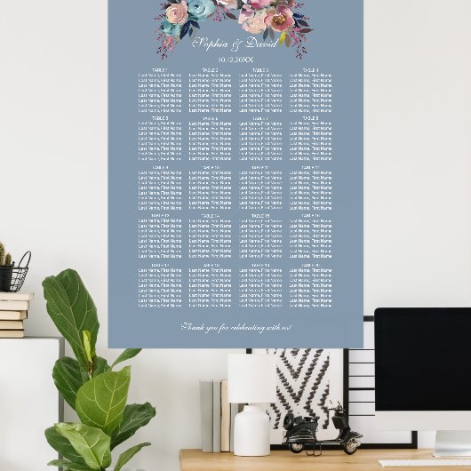 Stusty Blue Pink Floral Seating Chart 160 gasten Poster (Thuiskantoor)
