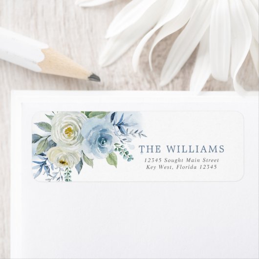 Stusty Blue Roos Floral Return Address Labels (Insitu)