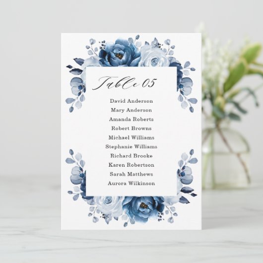 Stusty Blue Slate Navy Floral Seating Chart Kaart (Staand voorkant)