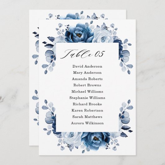Stusty Blue Slate Navy Floral Seating Chart Kaart (Voorkant / Achterkant)