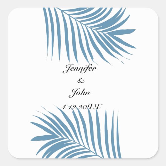 Stusty Blue Tropical Palm Tree Leaves Weddennames Vierkante Sticker (Voorkant)