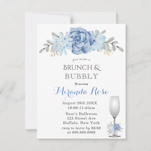 Stusty Blue Waterverf Brunch & Bubble Invites Kaart (Voorkant)