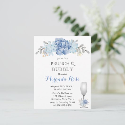 Stusty Blue Waterverf Brunch & Bubble Invites Kaart (Staand voorkant)