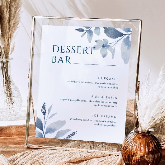 Stusty Blue Waterverf Floral Dessert Bar Menu Sign Poster