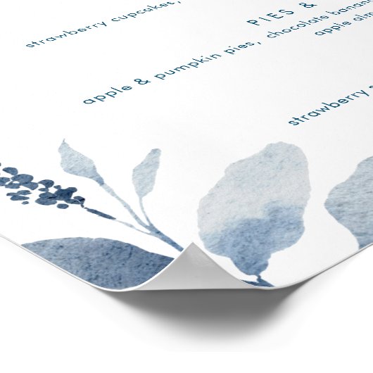 Stusty Blue Waterverf Floral Dessert Bar Menu Sign Poster (Hoek)