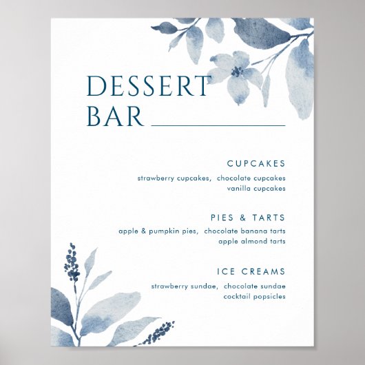 Stusty Blue Waterverf Floral Dessert Bar Menu Sign Poster (Voorkant)