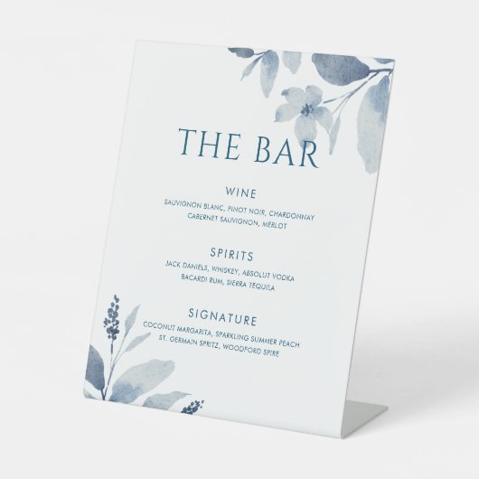 Stusty Blue Waterverf Floral Wedding Bar Reclamebord Met Voetstuk (Voorkant)