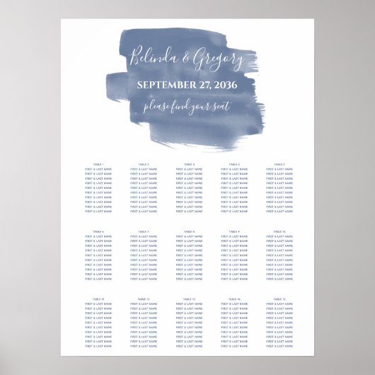 Stusty Blue Waterverf Wedding Seating Chart Poster (Voorkant)