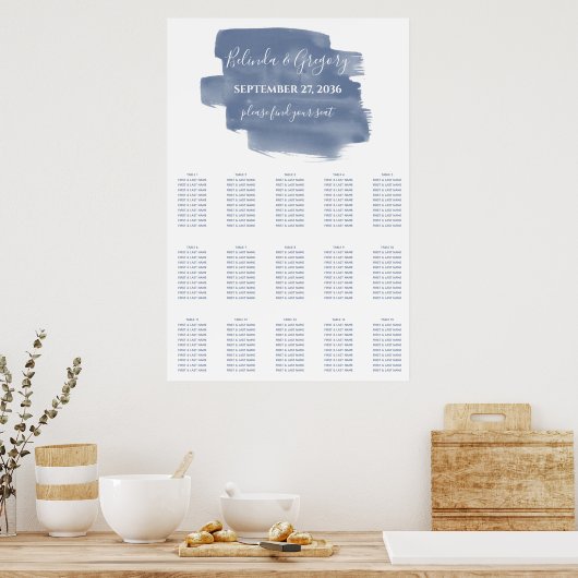 Stusty Blue Waterverf Wedding Seating Chart Poster (Keuken)