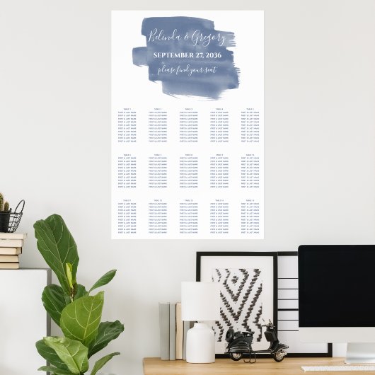 Stusty Blue Waterverf Wedding Seating Chart Poster (Thuiskantoor)