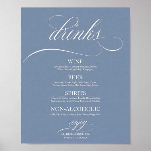 Stusty Blue Wedding Drinken Bar Menu Sign Poster (Voorkant)