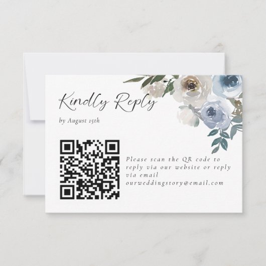 Stusty Blue Wedding Floral Kindly Reply QR Code RSVP Kaartje (Voorkant)