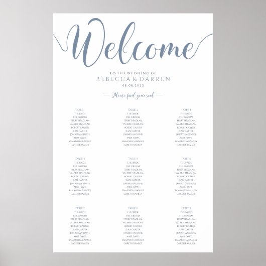 Stusty Blue Wedding Seating Chart Poster (Voorkant)
