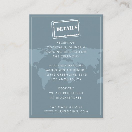 Stusty Blue Wereldkaart Destination Wedding Detail Informatiekaartje (Voorkant)