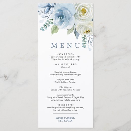 Stusty Blue & White Roses Floral Wedding Menu (Voorkant)