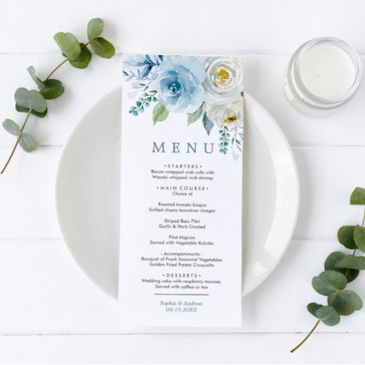 Stusty Blue & White Roses Floral Wedding Menu