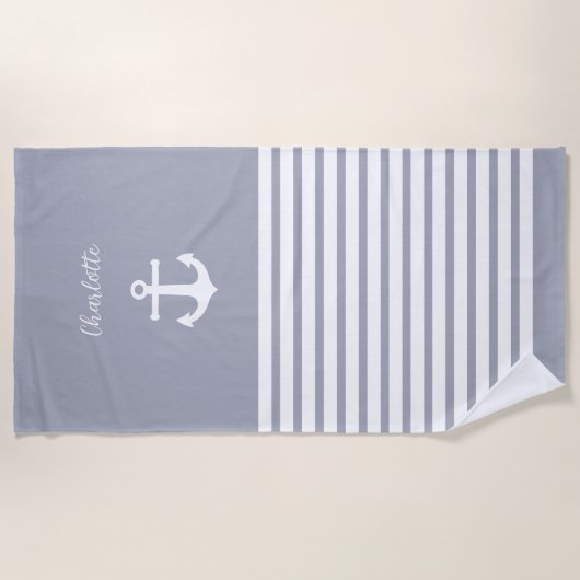 Stusty Blue White Stripes Nautical Personalized Strandlaken (Voorkant)