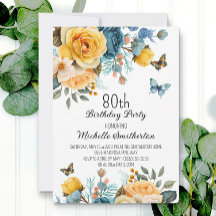 Stusty Blue Yellow Floral Butterflies 80th Birthda