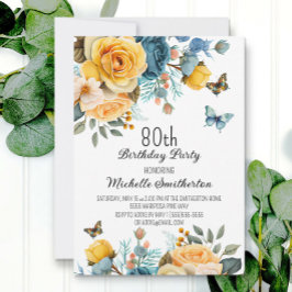 Stusty Blue Yellow Floral Butterflies 80th Birthda Kaart