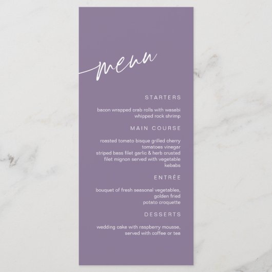 Stusty Paars Minimalist Wedding Menu (Voorkant)