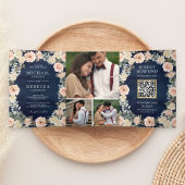 Stusty Peach Floral Navy Blue QR Code Weddenschap Drieluik Uitnodiging