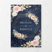 Stusty Peach Floral Navy Blue QR Code Weddenschap Drieluik Uitnodiging (Cover)