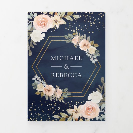 Stusty Peach Floral Navy Blue QR Code Weddenschap Drieluik Uitnodiging (Cover)