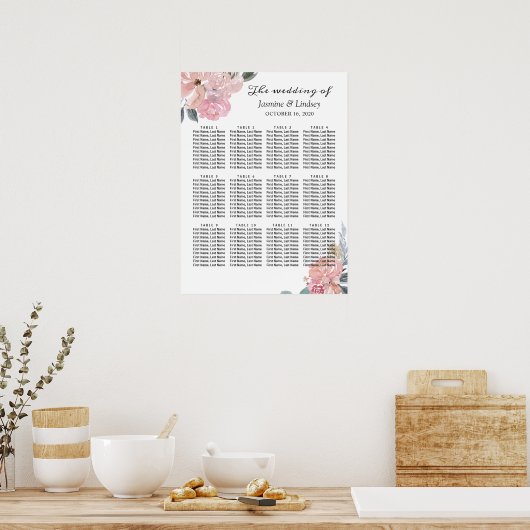 Stusty Pink Blue Floral Wedding Seating Chart Poster (Keuken)