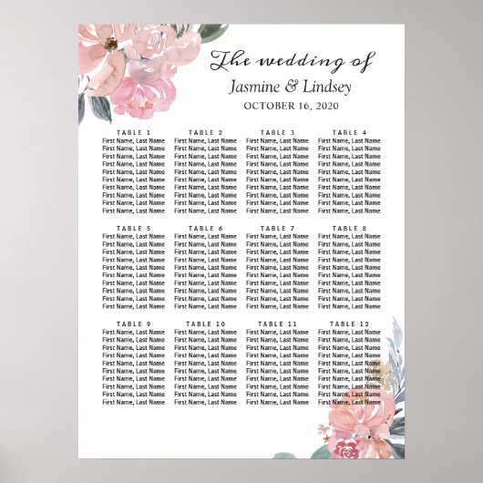 Stusty Pink Blue Floral Wedding Seating Chart Poster (Voorkant)