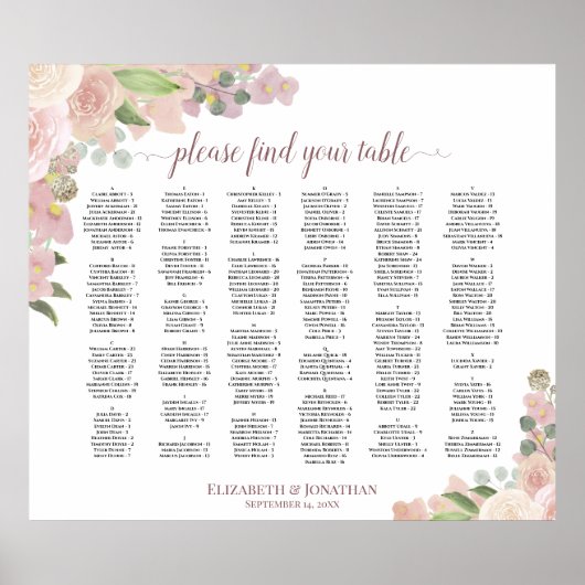 Stusty Pink Boho Floral Alfabetical Seat Chart Poster (Voorkant)