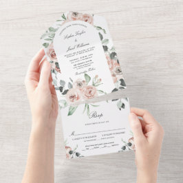 Stusty Pink Eucalyptus Floral Wedding All In One Uitnodiging