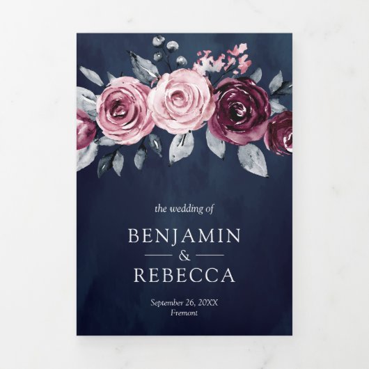 Stusty Pink Paarse Floral QR Code Navy Weddenschap Drieluik Uitnodiging (Cover)