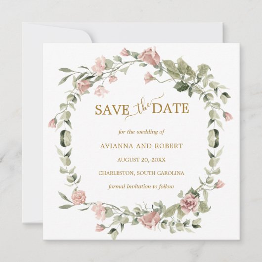 Stusty Roos Floral Eucalyptus Weddenschap Save the Date (Voorkant)