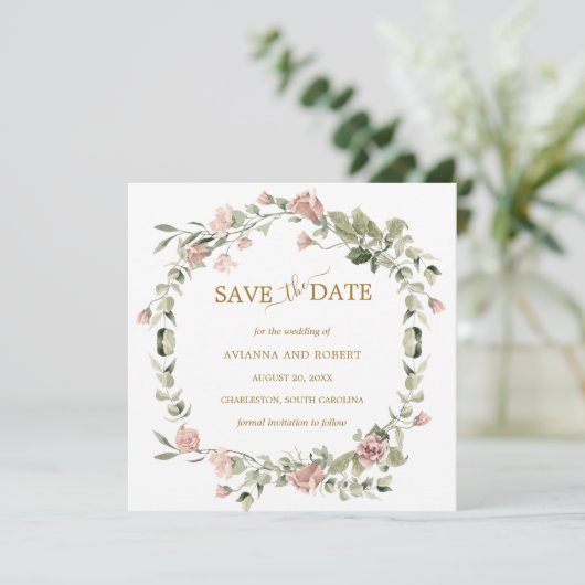Stusty Roos Floral Eucalyptus Weddenschap Save the Save The Date (Staand voorkant)