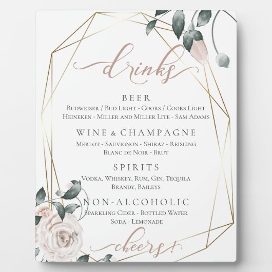Stusty Roos Floral Wedding Reception Bar Menu Fotoplaat (Voorkant)