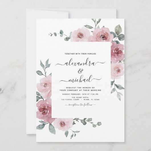 Stusty Roos Pink Floral Eucalyptus Greenery Weddin Kaart (Voorkant)