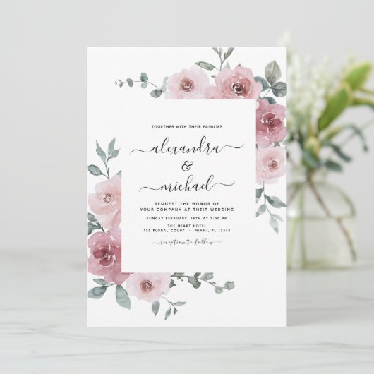 Stusty Roos Pink Floral Eucalyptus Greenery Weddin Kaart (Staand voorkant)