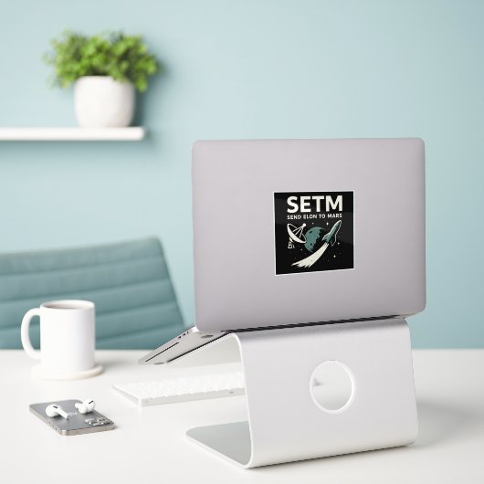 Stuur Elon naar Mars SETI Parody Funny Sticker (Laptop op bureau)