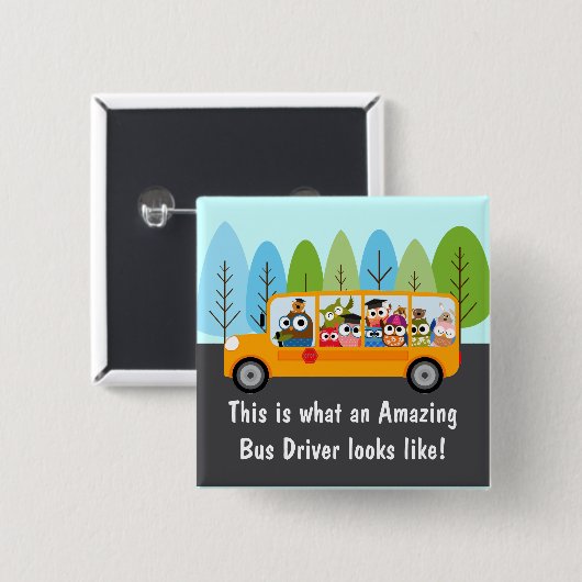 Stuurprogramma Cute Owl School Bus Vierkante Button 5,1 Cm (Voorkant /achterkant)