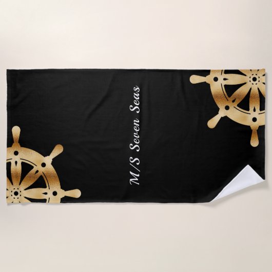 Stuurwielen jacht bootnaam van zwart goud strandlaken (Voorkant)