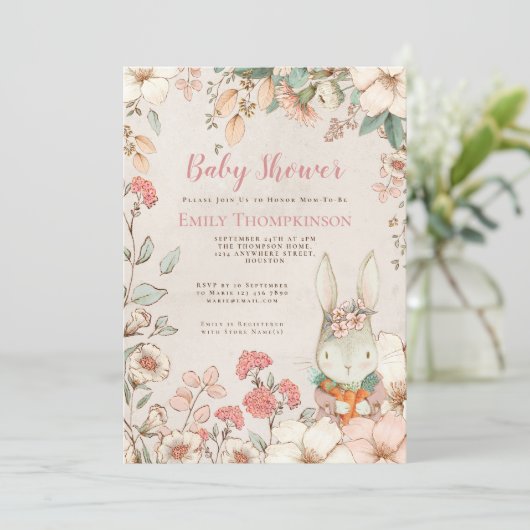Style Cute Bunny Florals Cream Baby shower Kaart (Staand voorkant)