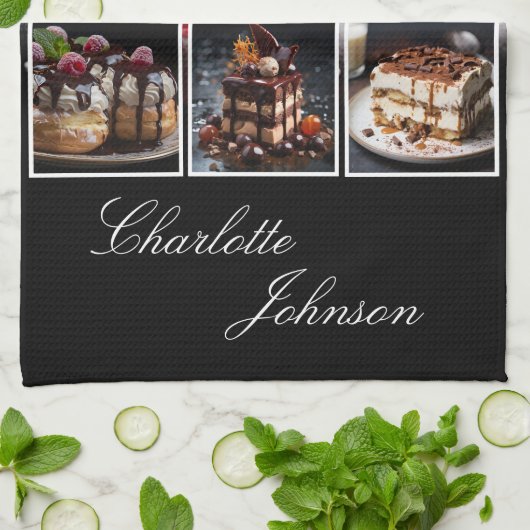 Stylis Zwart & Wit 4 Fotodesserts Gepersonaliseerd Theedoek (Gevouwen)