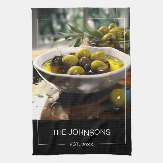 Stylis Zwart Wit Foto & Familienaam Monogram Theedoek (Verticaal)