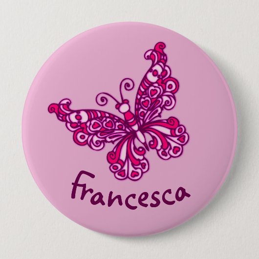 Stylised pink butterfly art name button (Voorkant)